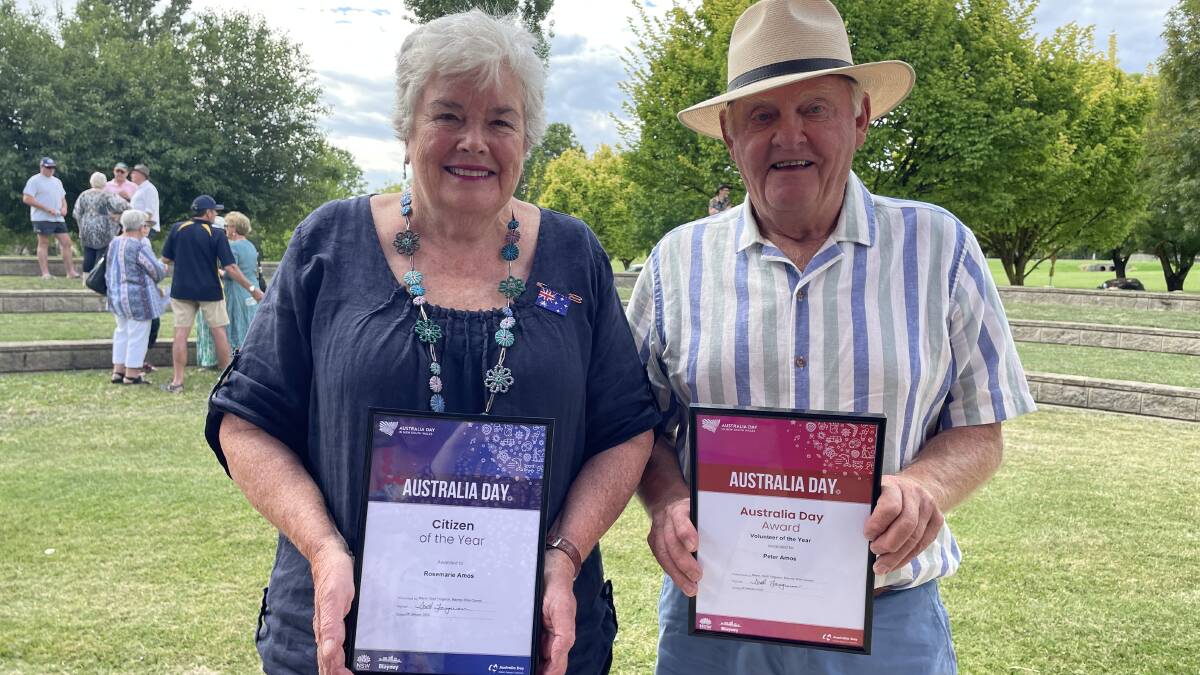 Blayney Shire Citizen of the Year Rosemarie Amos with husband and Volunteer of the Year Peter Amos at the Blayney Shire Australia Day Awards ceremony on Friday, January 26, 2024. Picture by Tanya Marschke