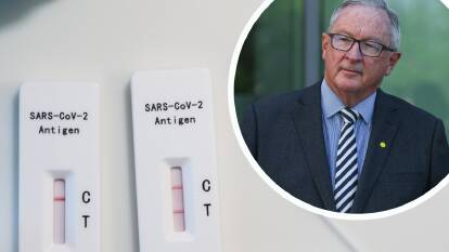 MAIN: Rapid Antigen Tests. Photo: File. INSET: Health Minister Brad Hazzard. Photo: Marina Neil