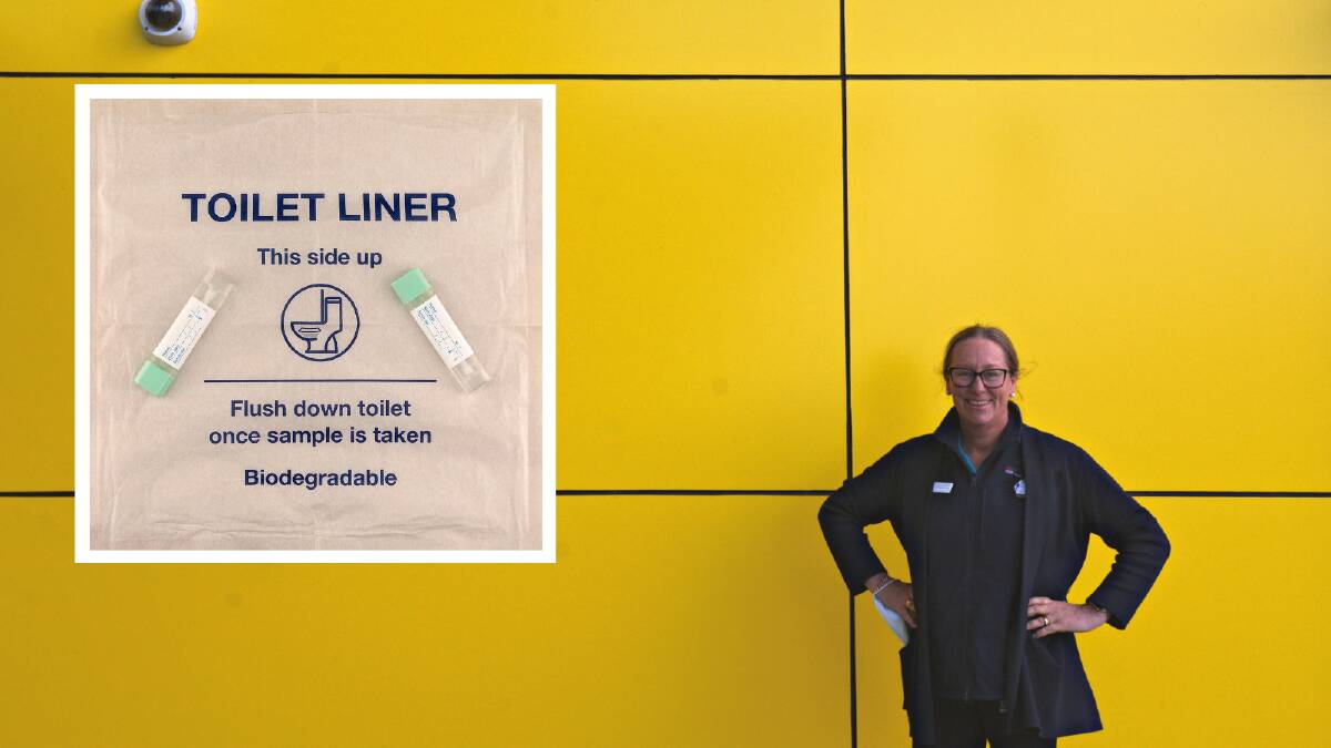 Catherine Osborne in front of the Western Cancer Centre in Dubbo. Picture: Bageshri Savyasachi. INSET: Bowel cancer home test kit example.
