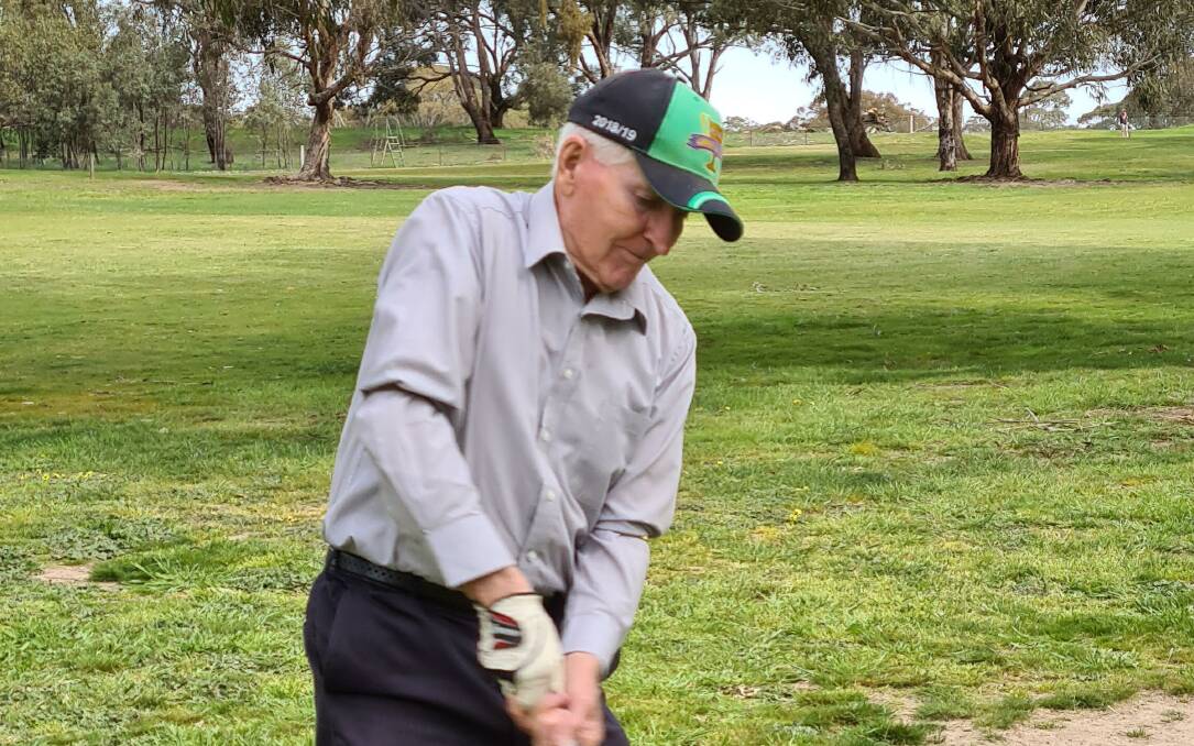 IN ACTION: Blayney Golf Club's favourite old lefty John Davis knocking another shot down the middle on Saturday afternoon. Photo: SUPPLIED