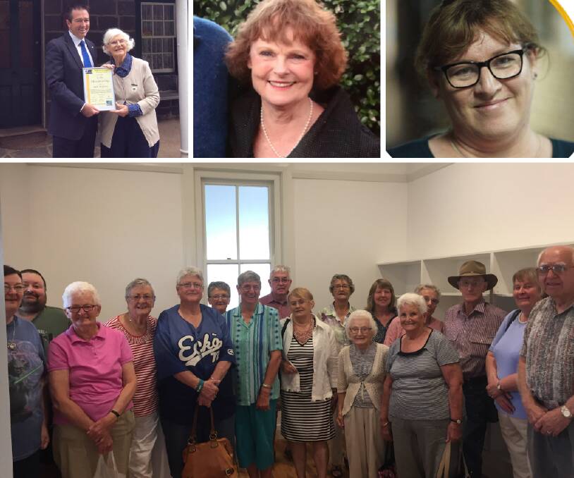Clockwise from top left, Ruth Kingham with Paul Toole in 2017, Olwen Hoadley, Glenda Rouxel and the volunteers at the Visitors Information Centre. Photos: SUPPLIED