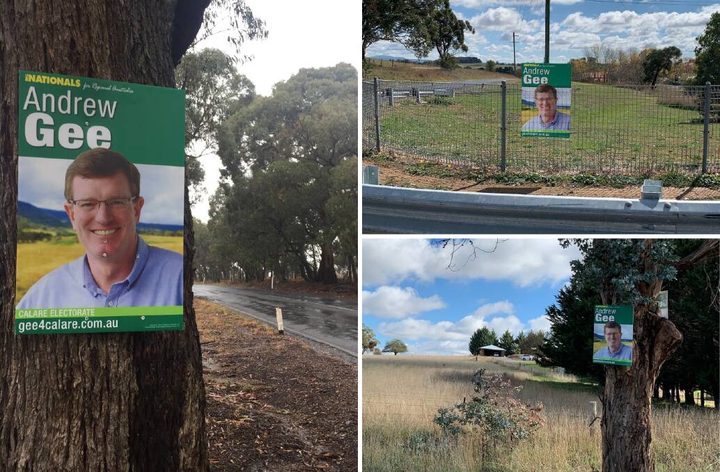 POSTERS: Election material for Member for Calare Andrew Gee along Cargo Road (left), Millthorpe (top right) and Blayney (bottom right). 