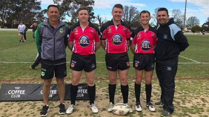 TOUGH LOVE: Bryce Hotham (centre) pictured with Willy Barnes, Adam Callaghan, Anthony Pond and Nathan Blanchard ahead of the 2017 Group 10 under 16s grand final. Photo: Group 10 Referee's Association