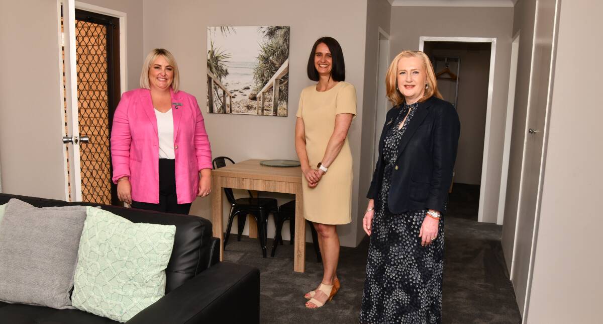 Carly Bush executive officer Newcastle Permanent Charitable Foundation, Narelle Stocks acting CEO Veritas House and Jennifer Leslie chairwoman of Newcastle Permanent Charitable Foundation at the new accomodation in Orange. Picture by Jude Keogh.