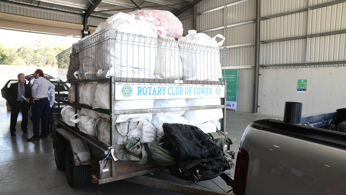 Thousands of bottles and cans brought to the Wangarang facility by the Rotary Club of Cowra. Picture by Carla Freedman