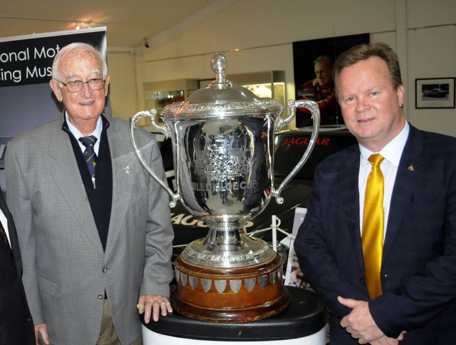 FONDLY REMEMBERED: Ken Laird (left), pictured with Australian Rugby Union CEO Bill Pulver and the Bledisloe Cup at Bathurst in 2014. Photo: FILE