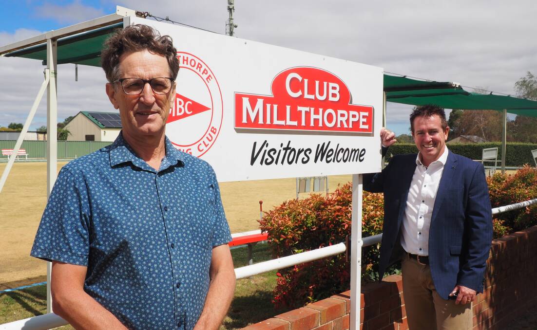 COMMUNITY BUILDING: Millthorpe Bowling Club treasurer Gavan Wickes with
Bathurst MP Paul Toole. Photo: CONTRIBUTED