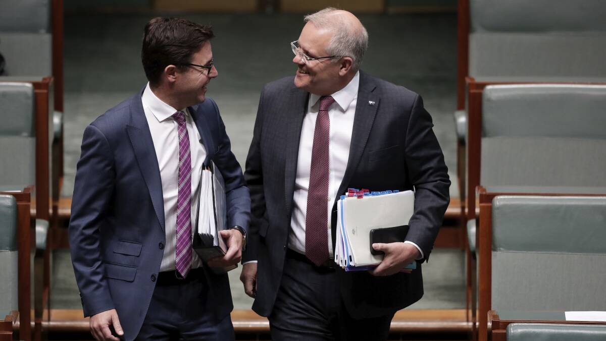Long-term policy needed: Minister for Water Resources, Drought, Rural Finance, Natural Disaster and Emergency Management David Littleproud and Prime Minister Scott Morrison during Question Time last week. Picture: Alex Ellinghausen