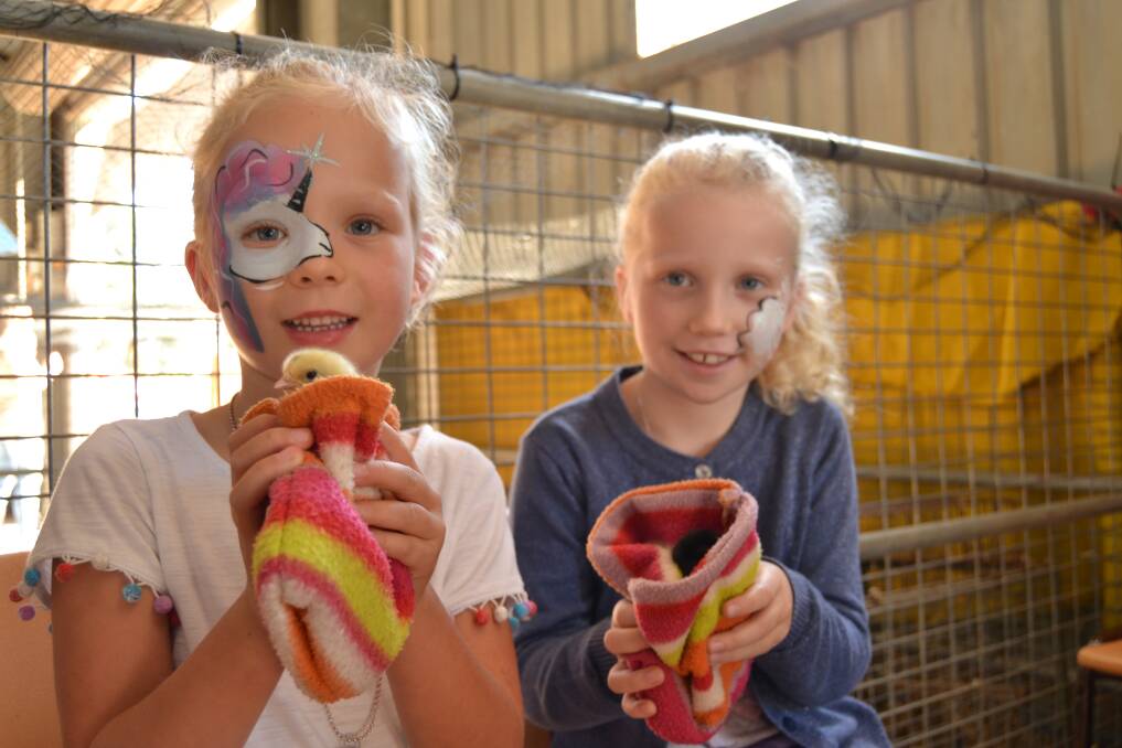 FURRY FRIENDS: Alice and Poppy Low get to hold some baby chicks in the Animal Nursery at the Royal Bathurst Show. Photo: Phil Blatch.