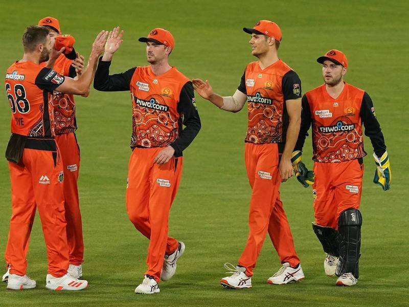Andrew Tye and Ashton Turner celebrate a dismissal during the Scorchers' BBL win over the Stars.
