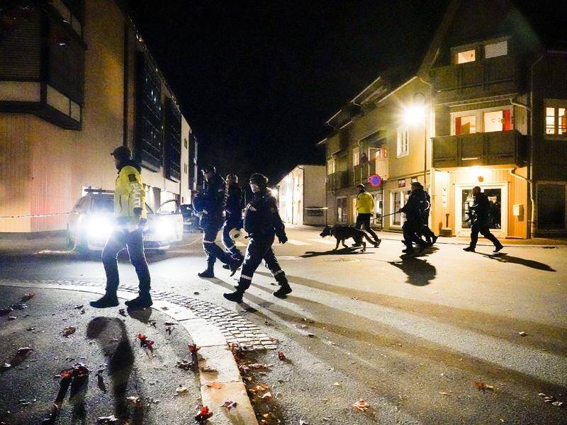 Norwegian police search the crime scene following fatal attacks in the town of Kongsberg.