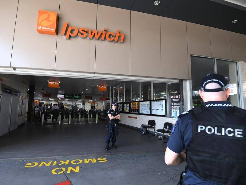 A drug-fuelled man was shot six or seven times when he confronted police at Ipswich Train Station.