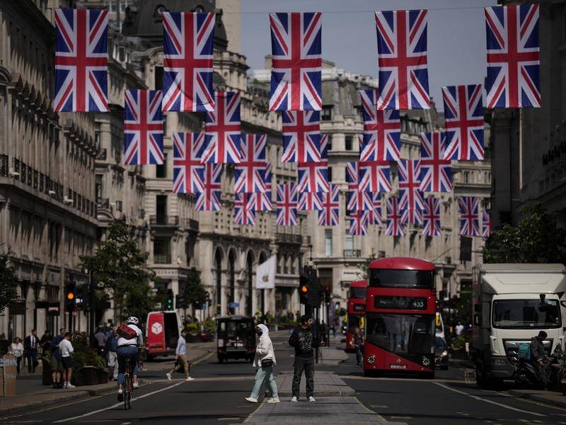 Patriotic bunting is up in London's Regent Street as people pepare for the Queen's Platinum Jubilee.