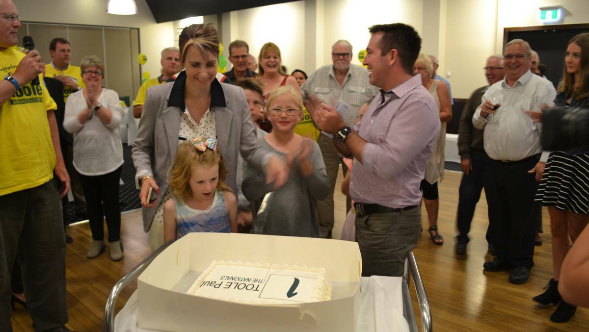 The Nationals' Paul Toole with his family celebrating victory in the seat of Bathurst. Photo: ALICE COOMANS
