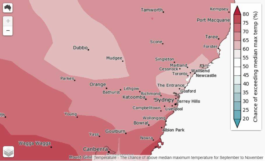 OUTLOOK: The chance of above median maximum temperature for September to November. Image: BUREAU OF METEOROLOGY