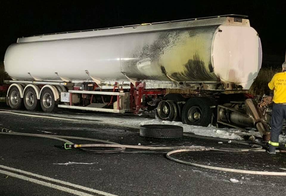 HIGHWAY FIRE: Emergency services were called to the Mitchell Highway following an overnight petrol tanker fire. Photo: Spring Hill - Huntley Rural Fire Brigade