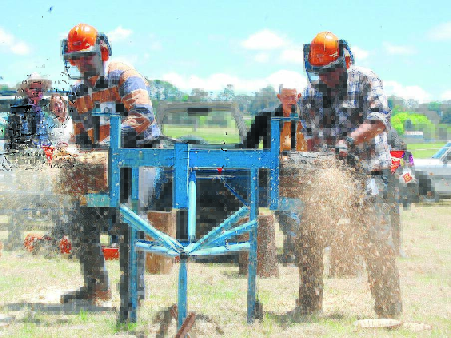 Let the chips fly. Brian Barnett and Tony Grenfell go head to head in the Quick Saw competition at the Neville Show. Photo: Wayne Cock